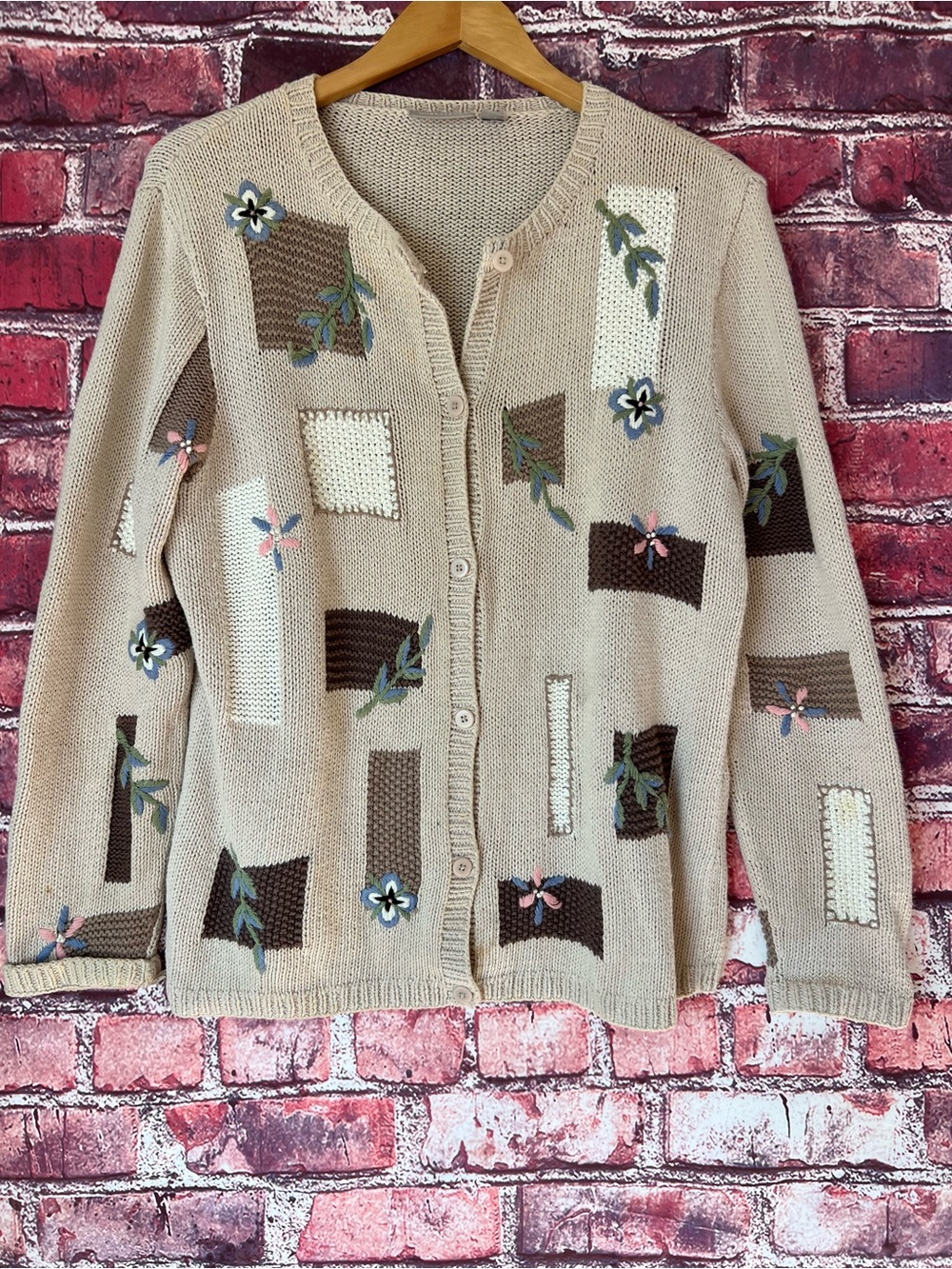Nordstrom Beige Patchwork Embroidered Cardigan with Brown & Cream Accents